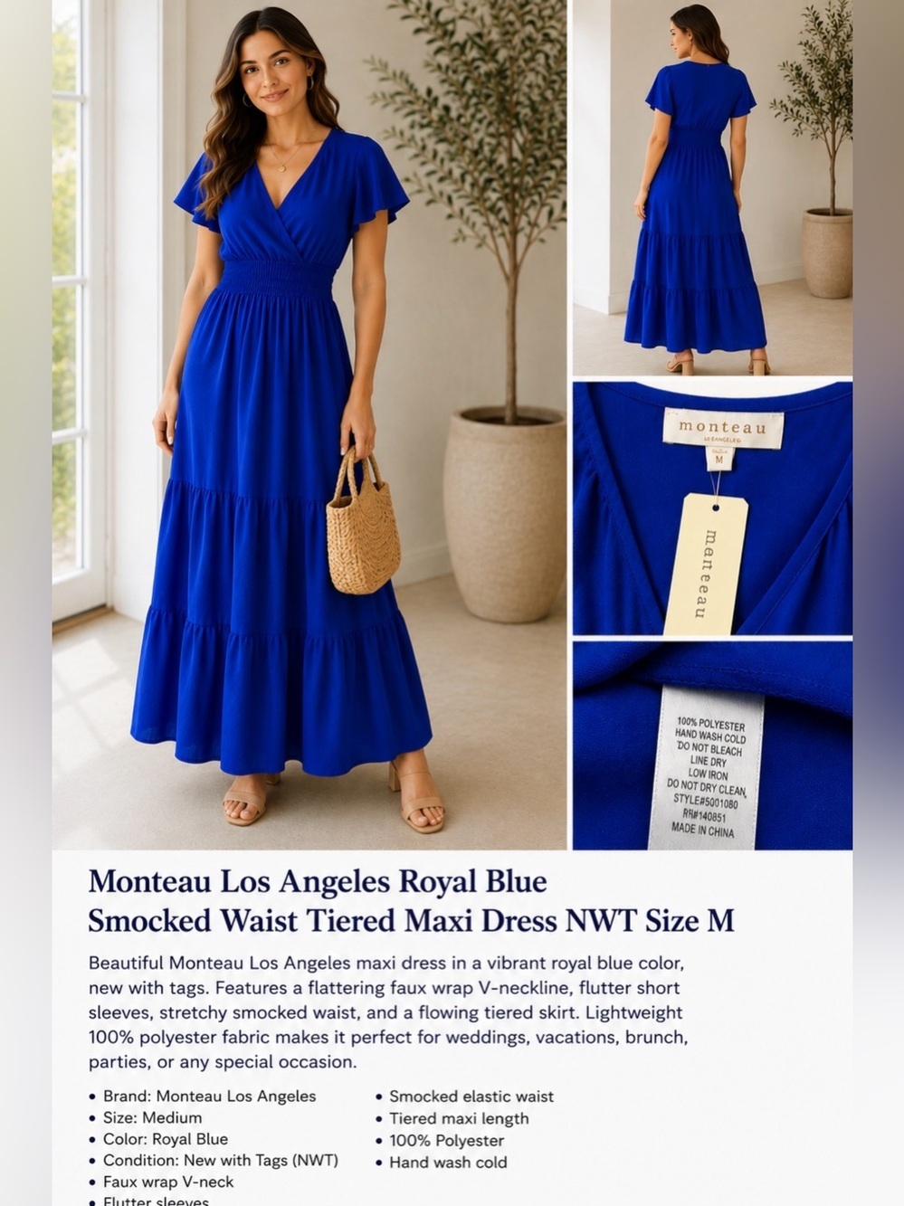 Monteau Los Angeles Royal Blue Smocked Waist Tiered Maxi Dress NWT Size M